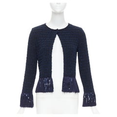 OSCAR DE LA RENTA 2023 navy blue wool tweed sequin fringe hem jacket XS