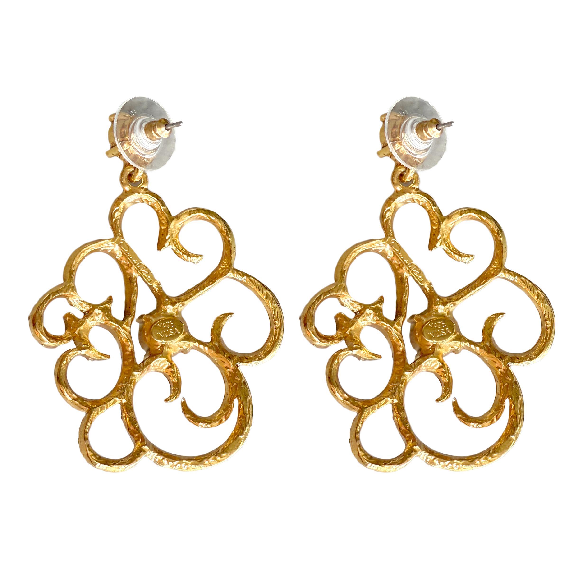 Oscar De La Renta 22K Gold Filigree Flower Peach Crystal Chandelier Post Earring For Sale 5