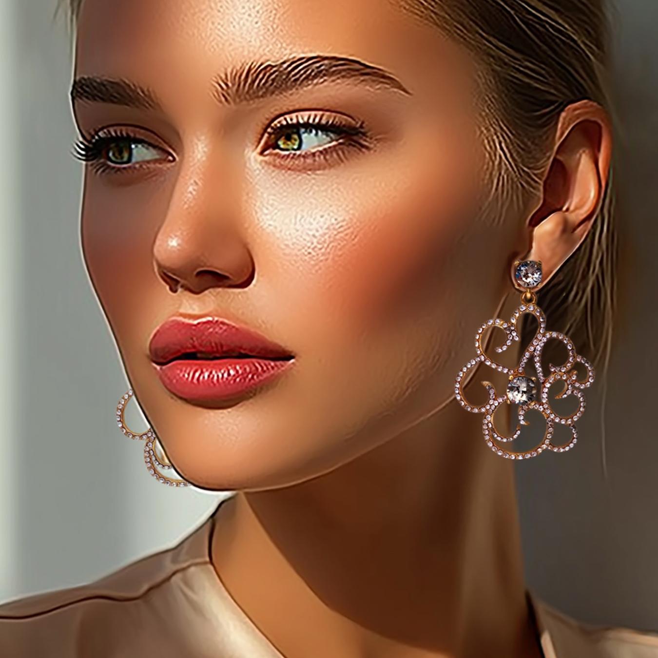 Oscar de la Renta 22K gold filigree flower peach crystal post earrings. Luxury designer statement jewelry. 2.25