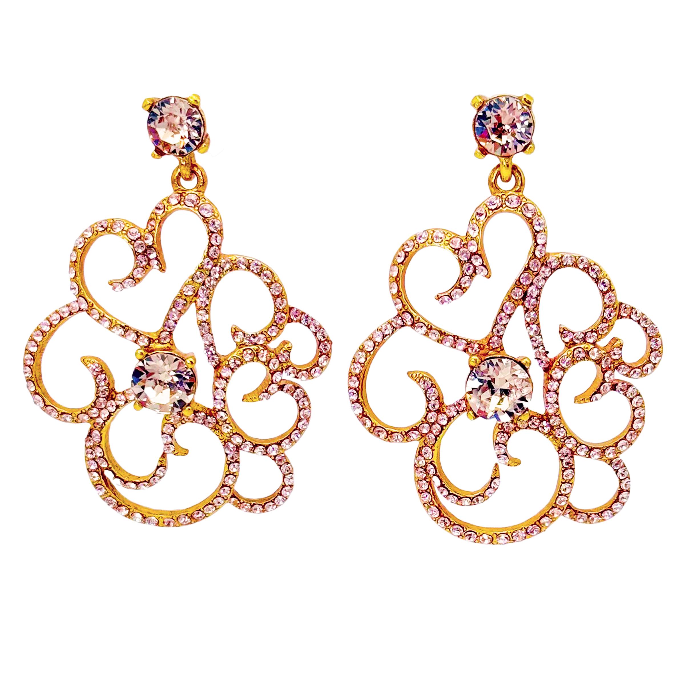 Women's Oscar De La Renta 22K Gold Filigree Flower Peach Crystal Chandelier Post Earring For Sale