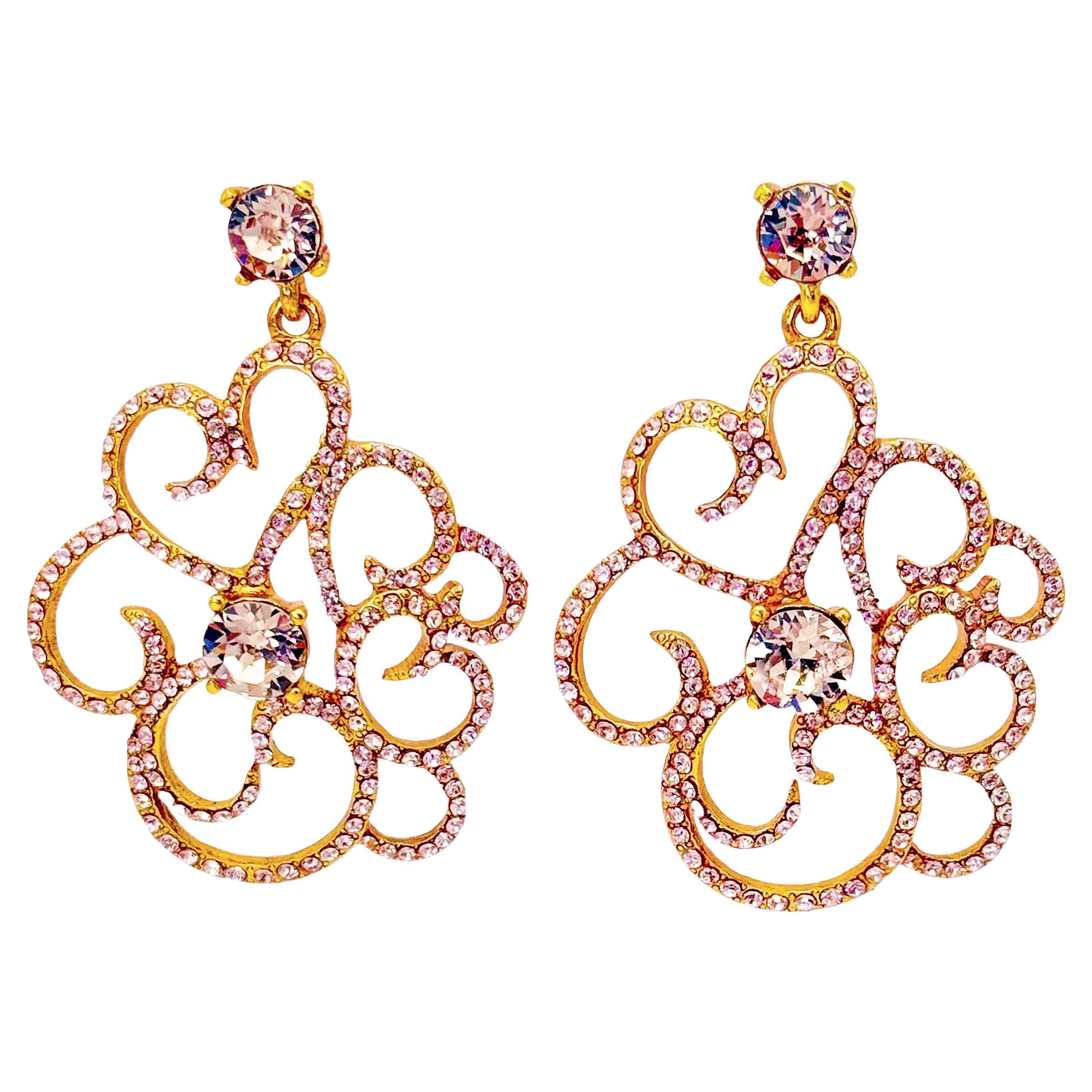 Oscar De La Renta 22K Gold Filigree Flower Peach Crystal Chandelier Post Earring For Sale