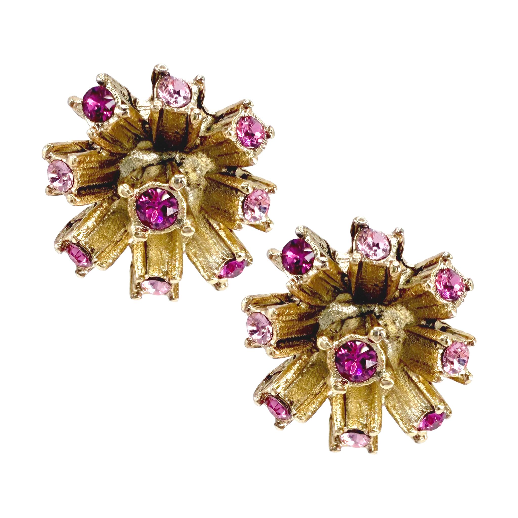 Oscar De La Renta 22K Gold Petite Floral Ohrringe mit rosa Swarovski-Kristallen (Zeitgenössisch) im Angebot