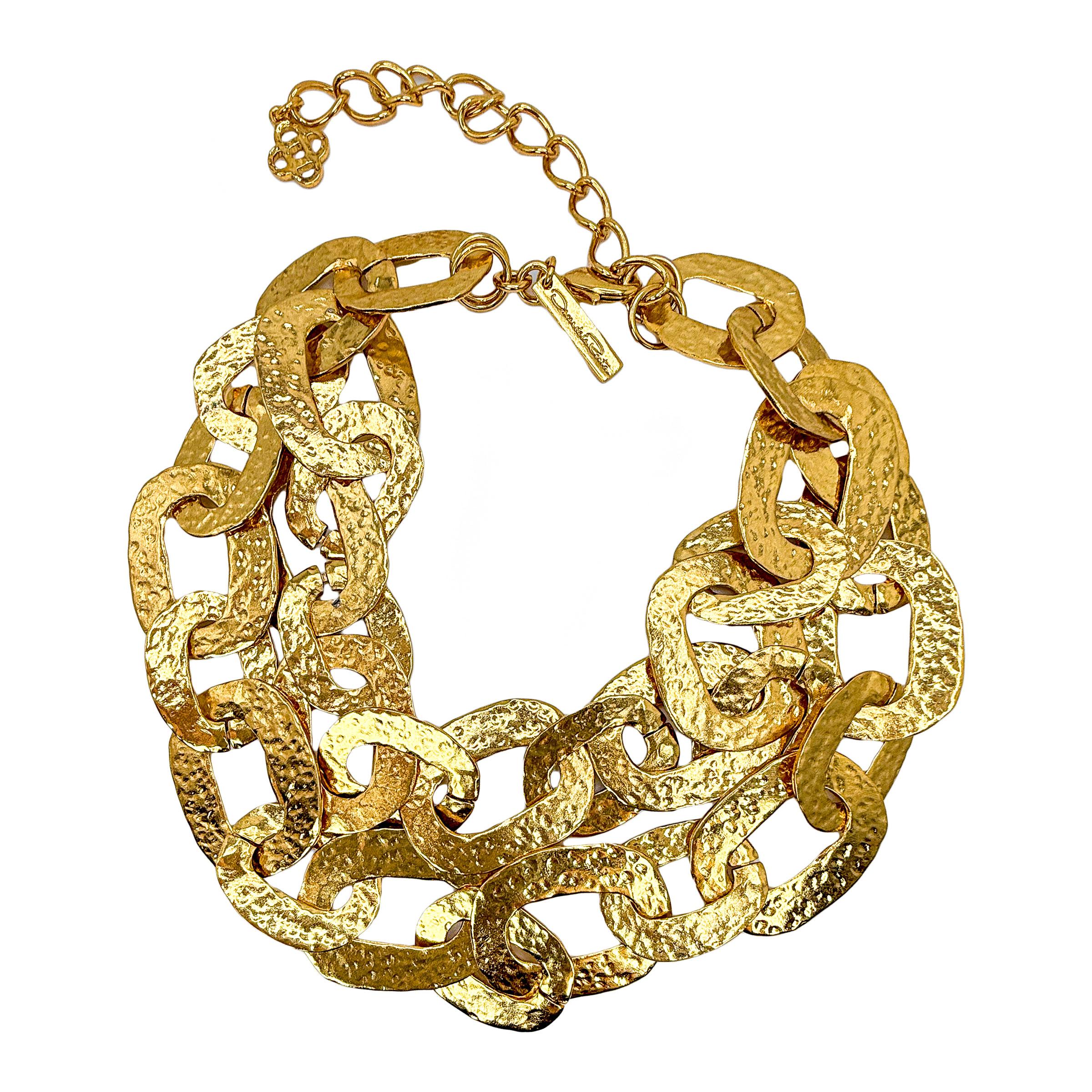 Oscar De La Renta 22k Gold Plated Hammered Chain Link Statement Collar Necklace For Sale 8