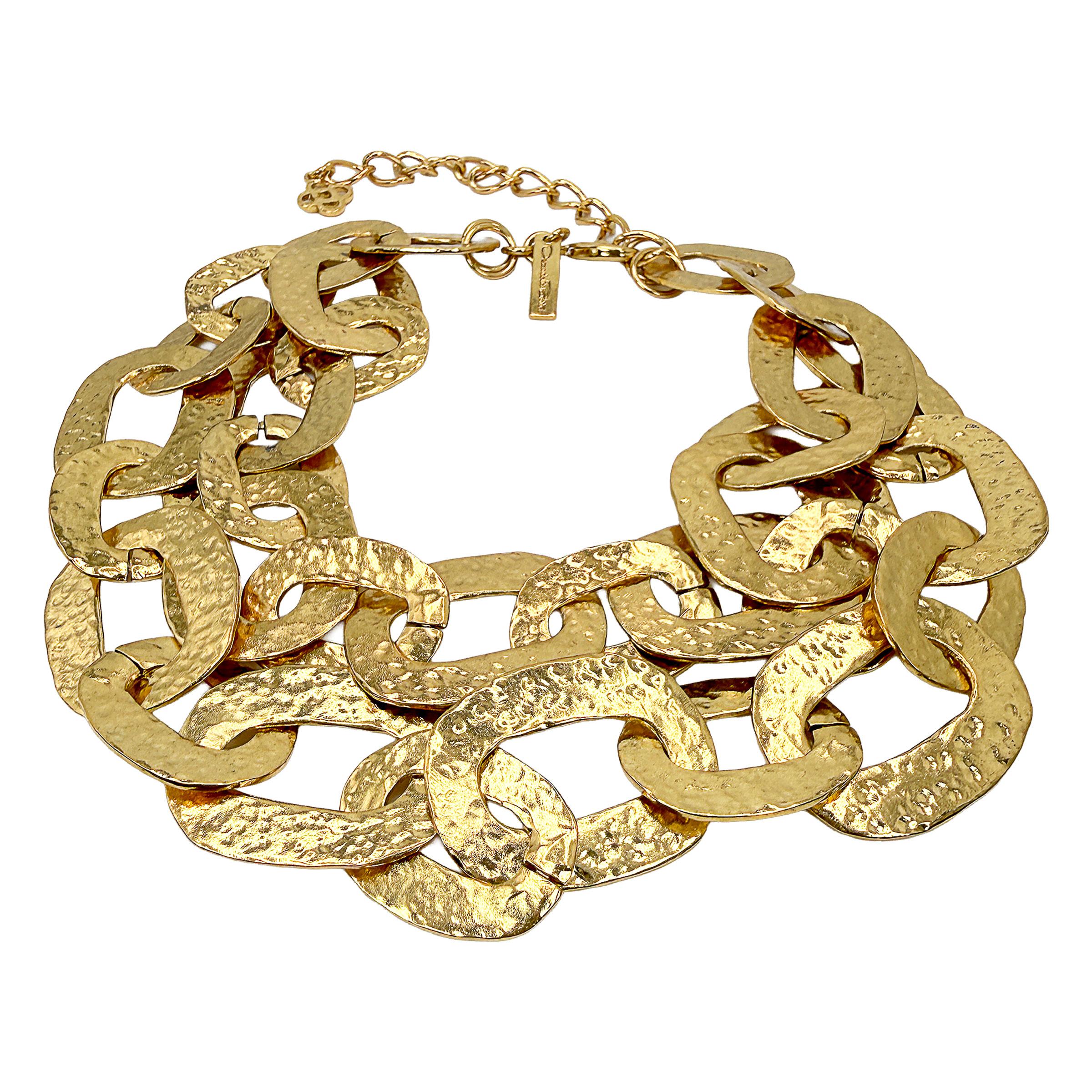 Oscar De La Renta 22k Gold Plated Hammered Chain Link Statement Collar Necklace In New Condition For Sale In Santa Monica, CA