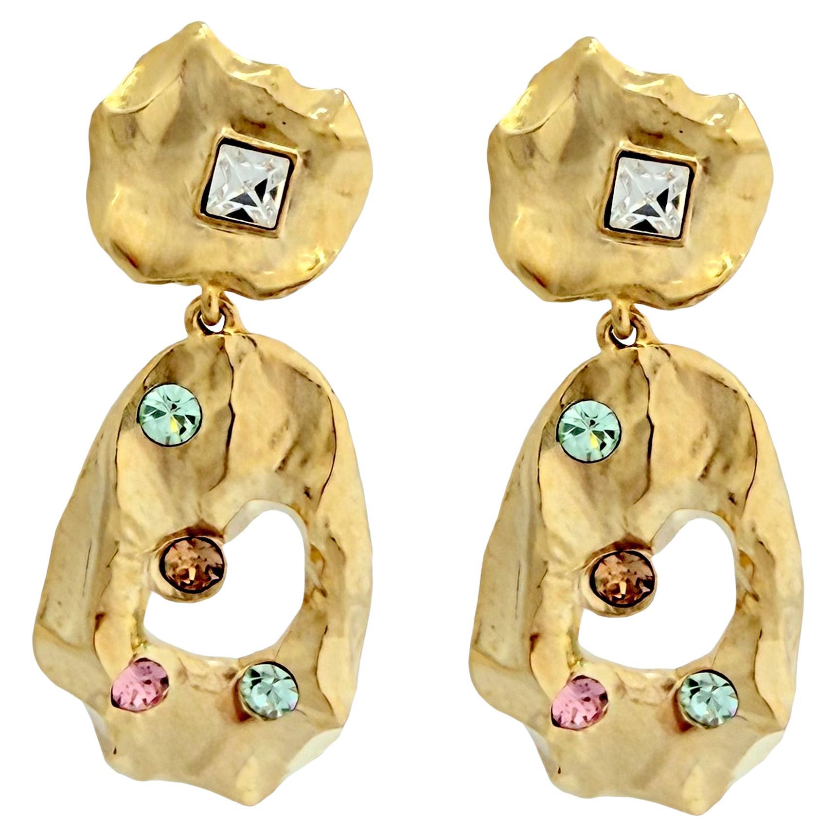 Oscar de la Renta 22k Gold-Plated Hammered Clip Tear Drop Earrings with Crystals For Sale