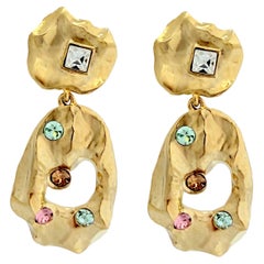 Oscar de la Renta 22k Gold-Plated Hammered Clip Tear Drop Earrings with Crystals