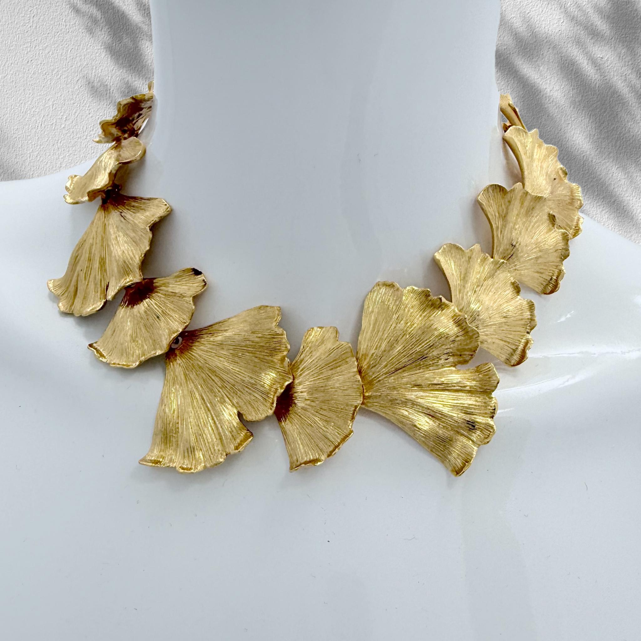 Contemporary Oscar de la Renta 22K Gold-Plated Pewter & Brass Ginkgo Leaf Statement Necklace For Sale