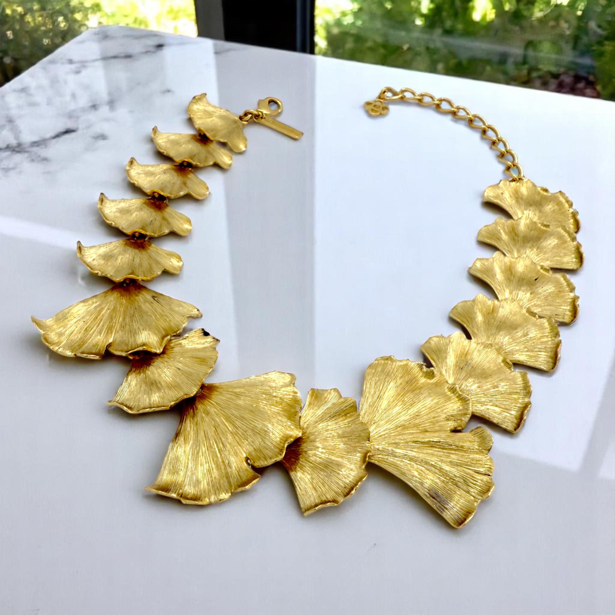 Women's Oscar de la Renta 22K Gold-Plated Pewter & Brass Ginkgo Leaf Statement Necklace For Sale