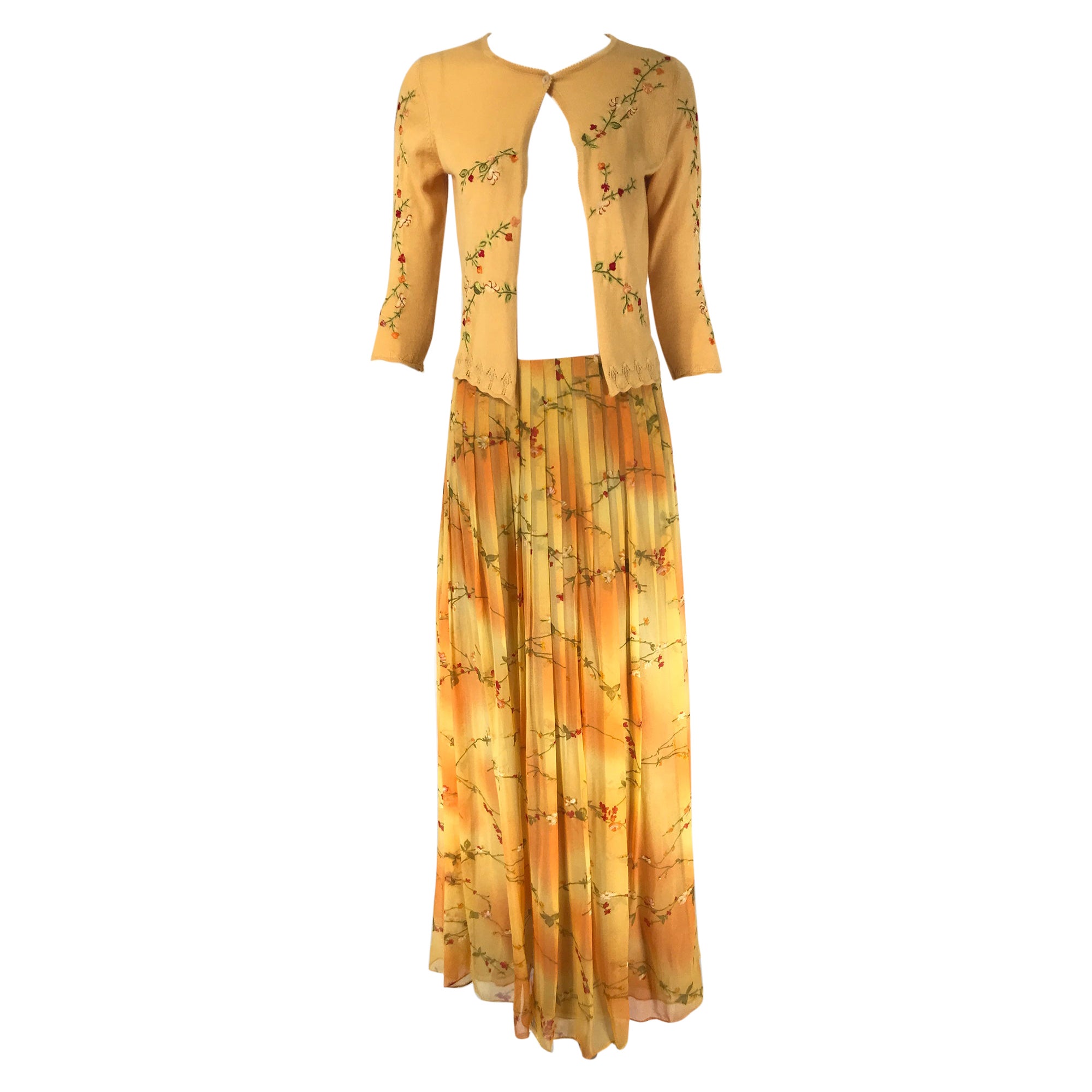 Oscar De La Renta 2 piezas Jersey de cachemira bordado y Maxifalda de seda estampada en venta