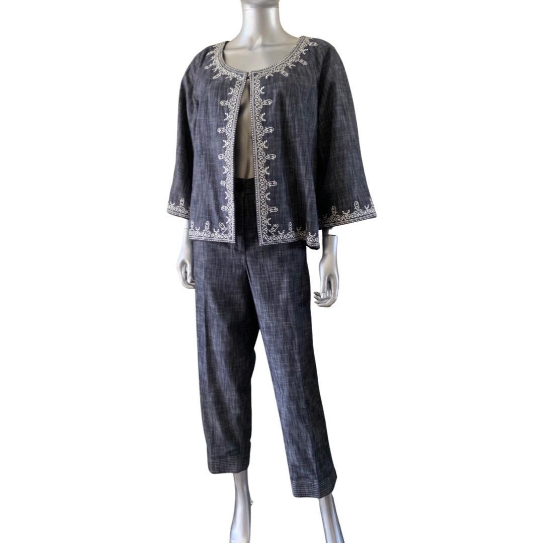 Black Oscar de la Renta 3 pc Embroidered Denim Suit Jacket, Skirt & Pant Size 12/14  For Sale