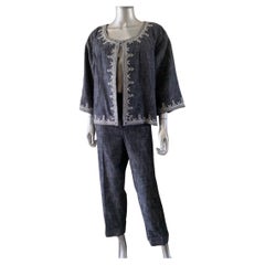 Oscar de la Renta 3 pc Embroidered Denim Suit Jacket, Skirt & Pant Size 12/14 