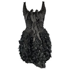 OSCAR DE LA RENTA 6 Black Sequin Mesh Silk Bows Bubble Skirt Cocktail Dress