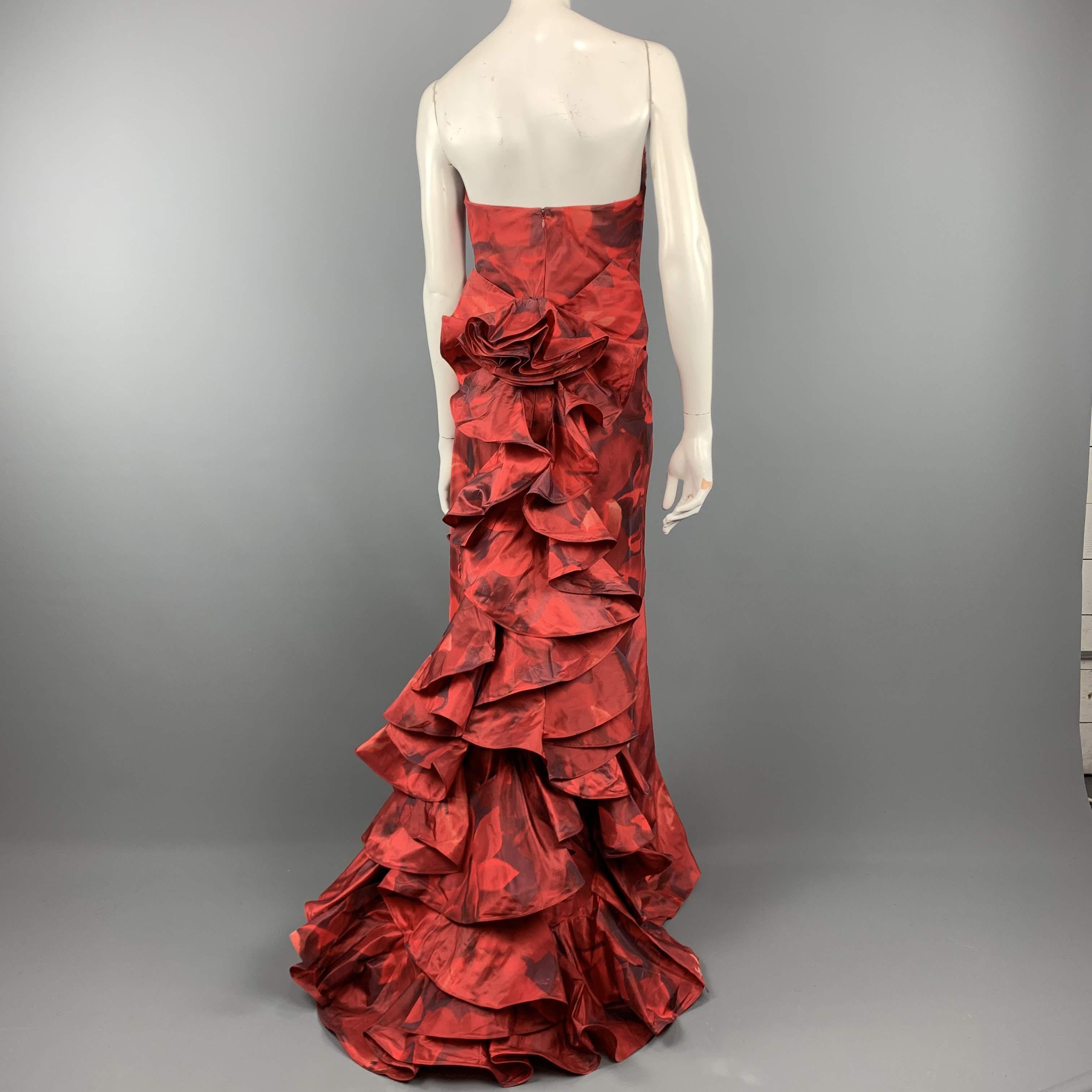 Women's OSCAR DE LA RENTA 8 Red Floral Silk Taffeta Pointed Bustier Ruffle Back Gown