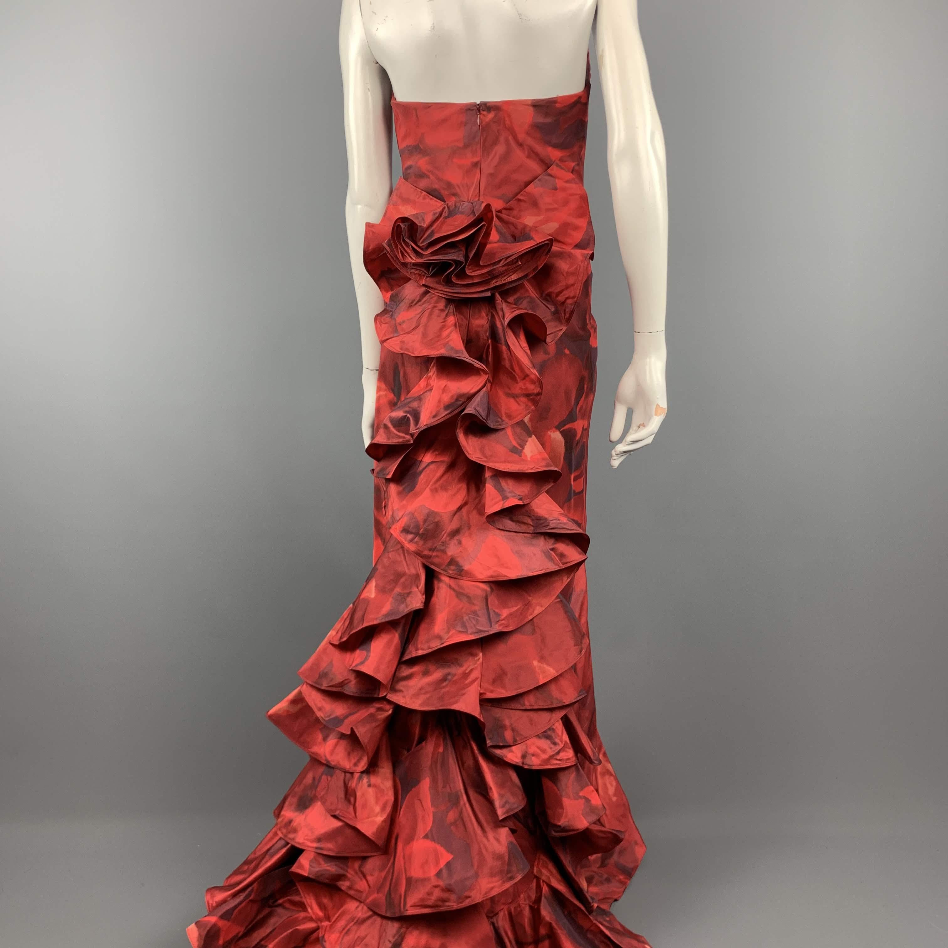 OSCAR DE LA RENTA 8 Red Floral Silk Taffeta Pointed Bustier Ruffle Back Gown 1