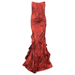 OSCAR DE LA RENTA 8 Red Floral Silk Taffeta Pointed Bustier Ruffle Back Gown