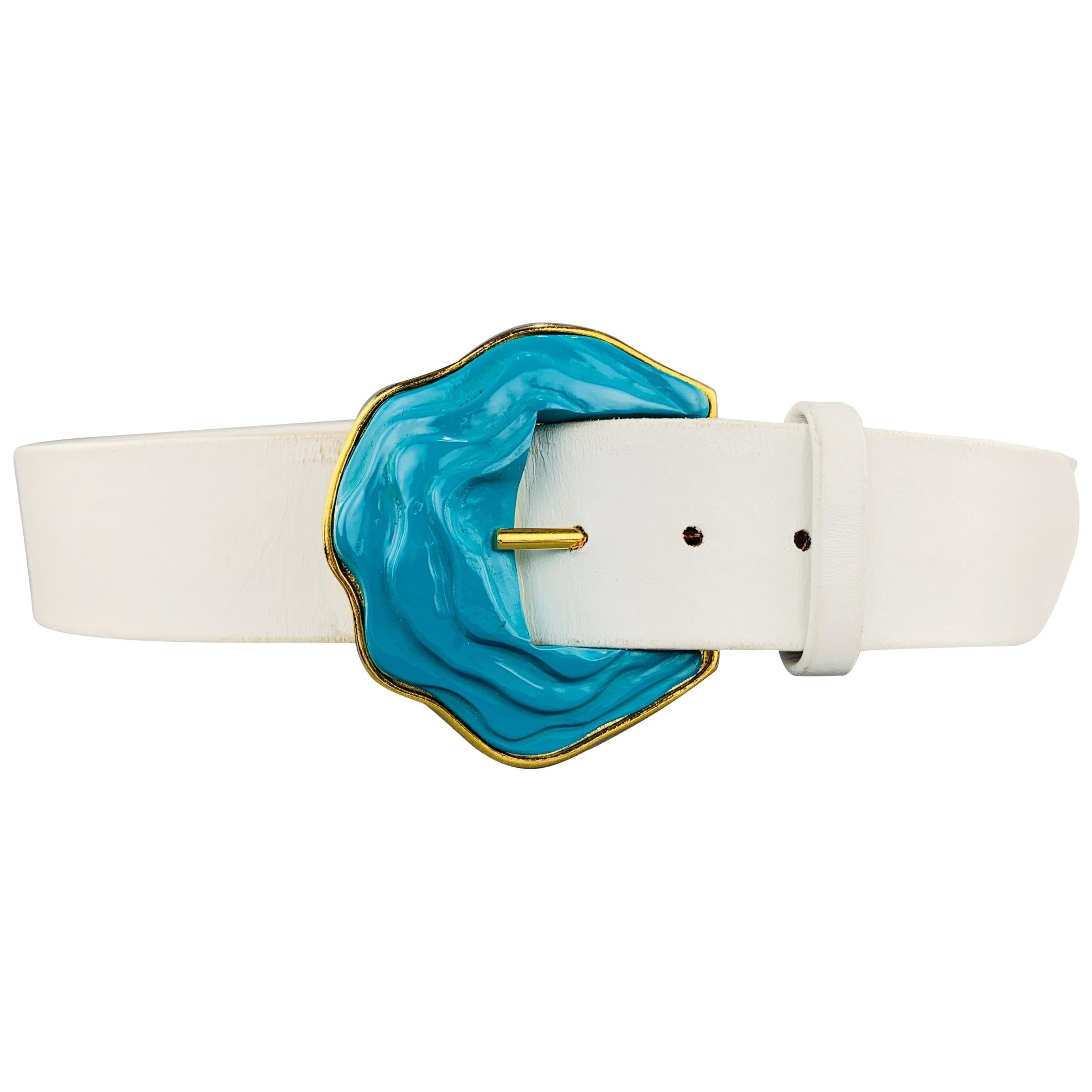 OSCAR DE LA RENTA 8 White Leather Turquoise Enamel 
Gold Tone Metal Belt