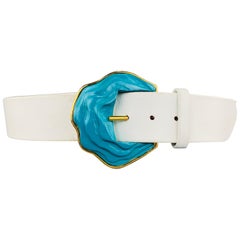 OSCAR DE LA RENTA 8 White Leather Turquoise Enamel & Gold Tone Metal Belt