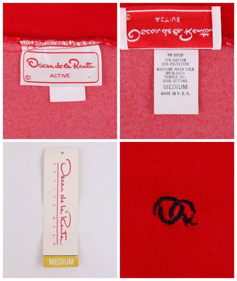 OSCAR DE LA RENTA Activewear c.1980's Red Velour Zip Up Sweater Track ...