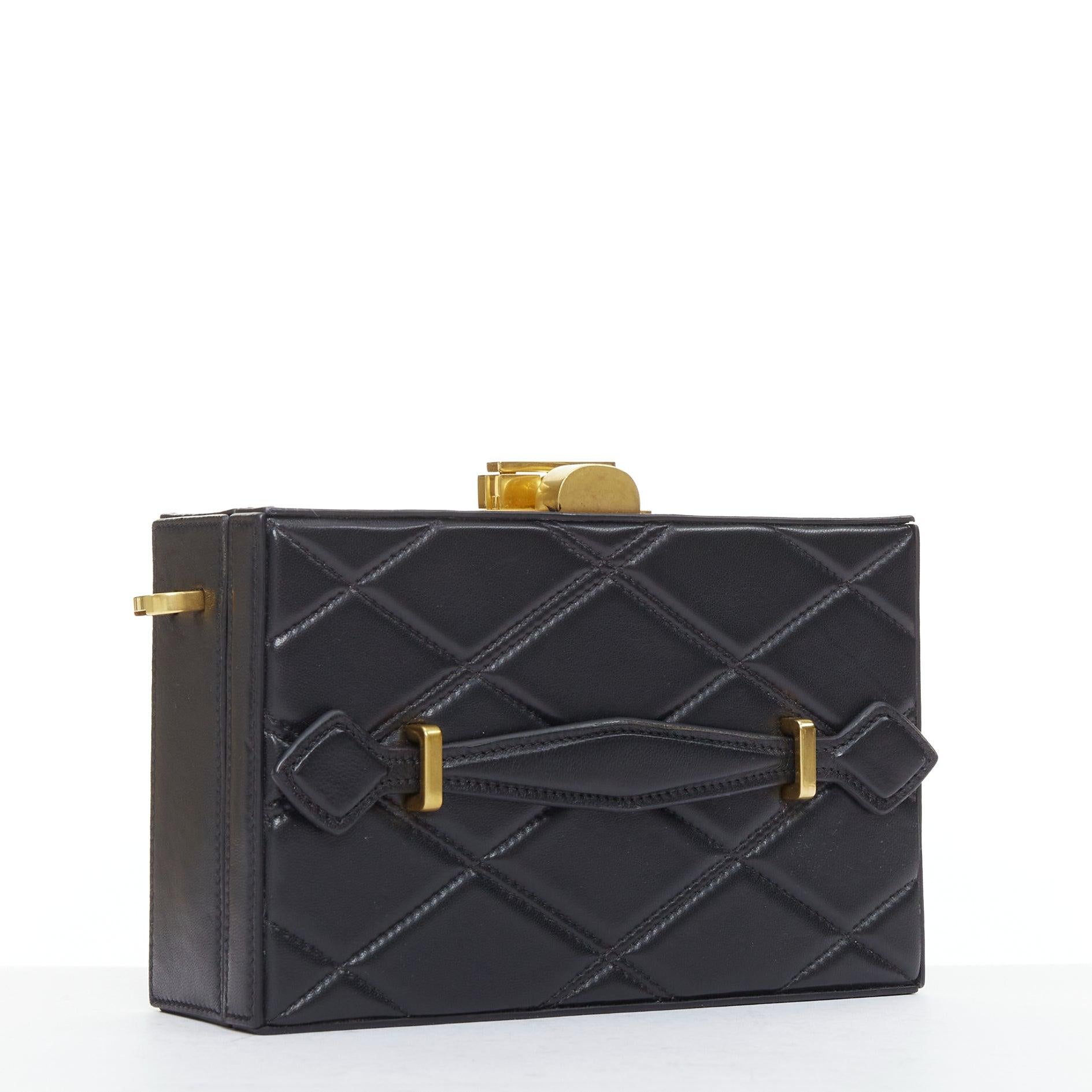 Black OSCAR DE LA RENTA Alibi Minaudiere black leather gold hardware box clutch For Sale