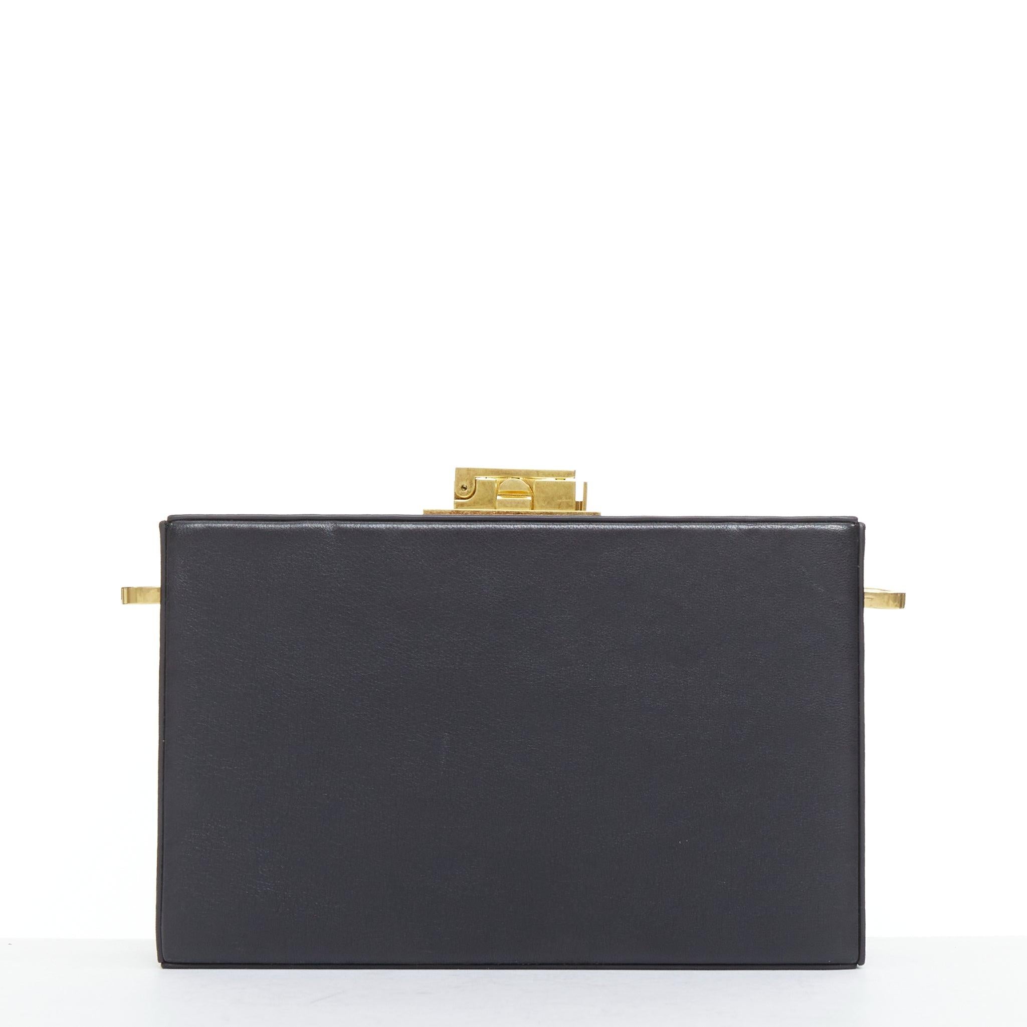 OSCAR DE LA RENTA Alibi Minaudiere black leather gold hardware box clutch For Sale 1