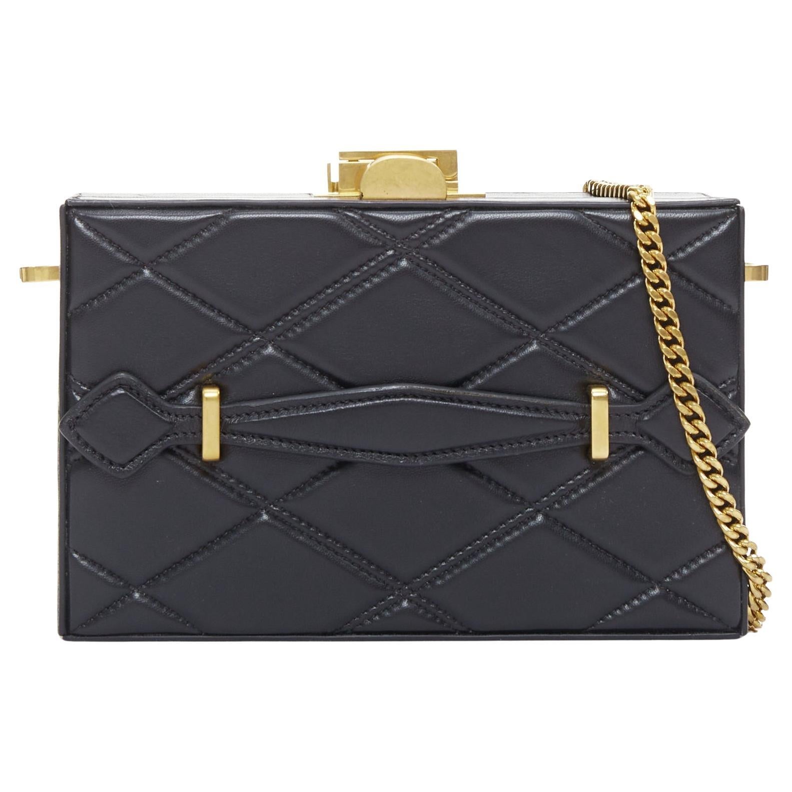 OSCAR DE LA RENTA Alibi Minaudiere black leather gold hardware box clutch For Sale