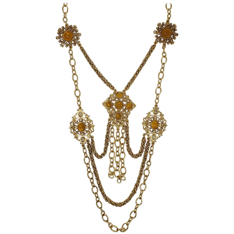 Oscar de la Renta Amber Crystal Bib Drop Necklace in Gold, Victorian ...