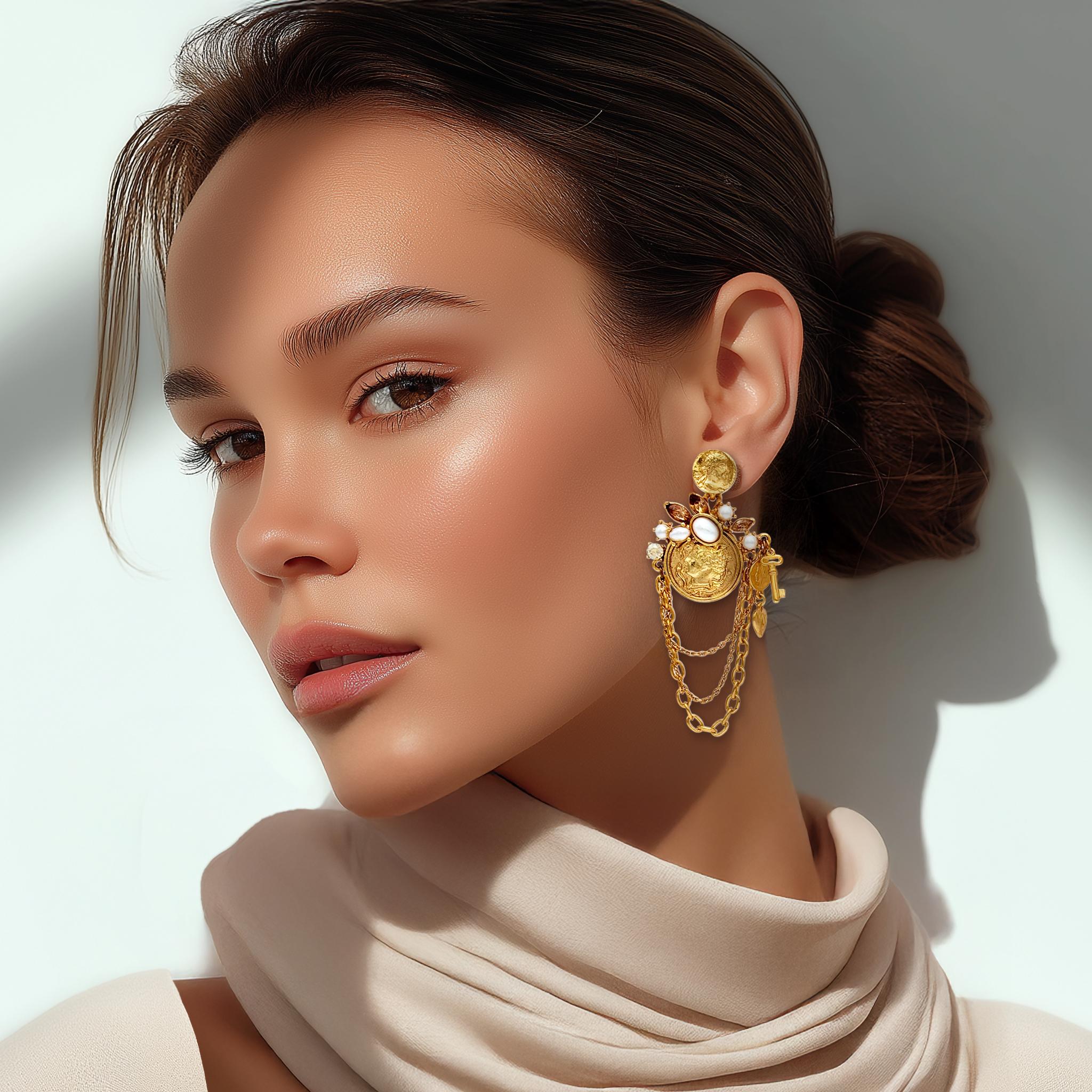 Les boucles d'oreilles chandelier plaquées or antique d'Oscar de la Renta sont ornées de motifs de pièces de monnaie anciennes et de fausses perles. Ces boucles d'oreilles chandelier d'Oscar de la Renta présentent un design sculptural et sont
