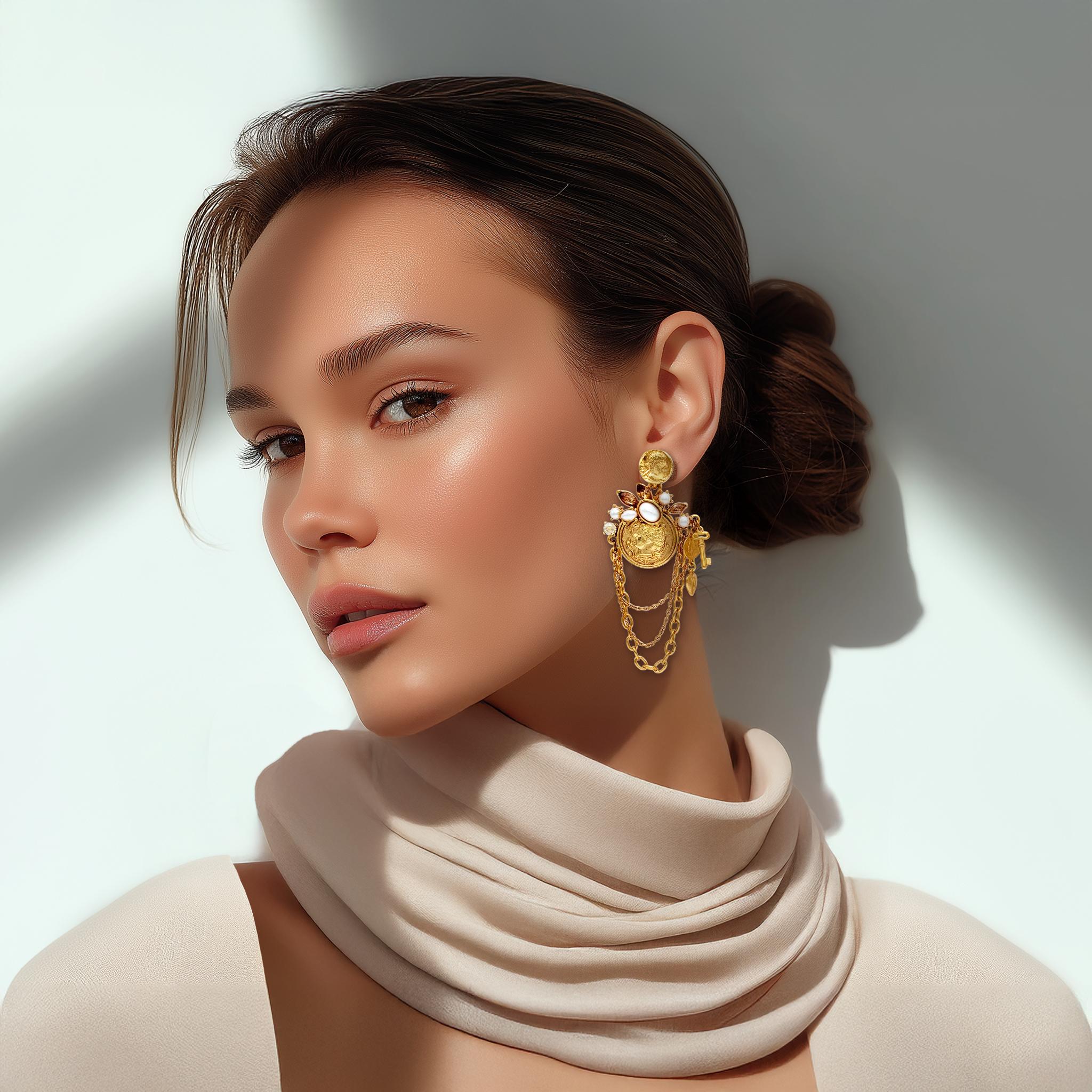 Boucles d'oreilles chandelier Oscar de la Renta anciennes en or plaqué avec pièces de monnaie et fausses perles en vente 1