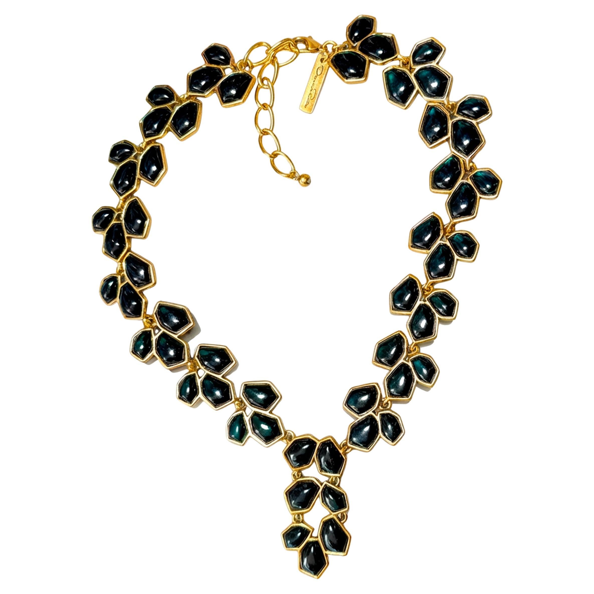 Oscar de la Renta Gold Plated Black Resin Nugget Y-Drop Vintage Collar Necklace