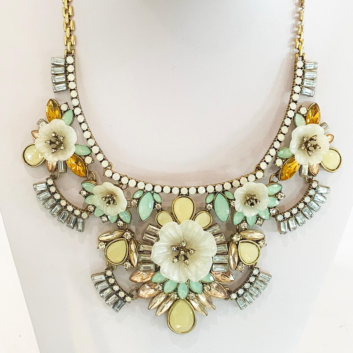 Authentic Oscar De La Renta Necklace with Pastel Glass flowers all with 5 point star centres with brilliant diamantes. Many other Diamantes in different shapes and colours, and a line of Milk Opal diamantes highlighting the upper Pendant edge and