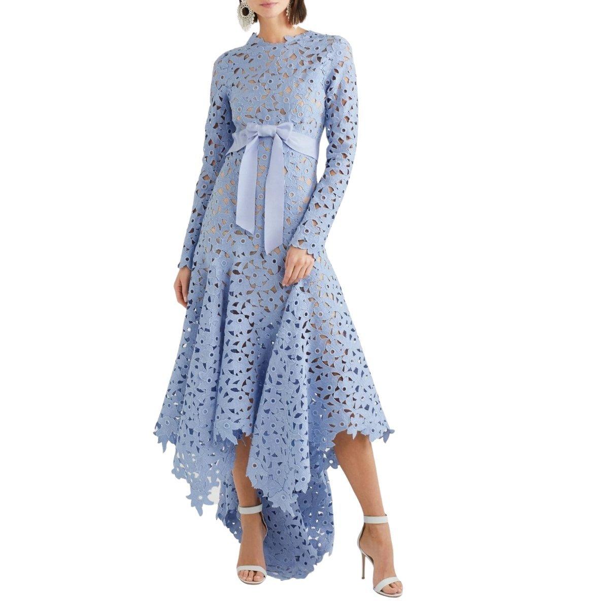 Decorated with a pretty grosgrain ribbon, this style is made from guipure lace and falls to an asymmetric hem that gracefully sweeps the floor at the back. 
Waist-cinching ribbon belt
High neckline
Long sleeves
Sky-blue guipure lace and
