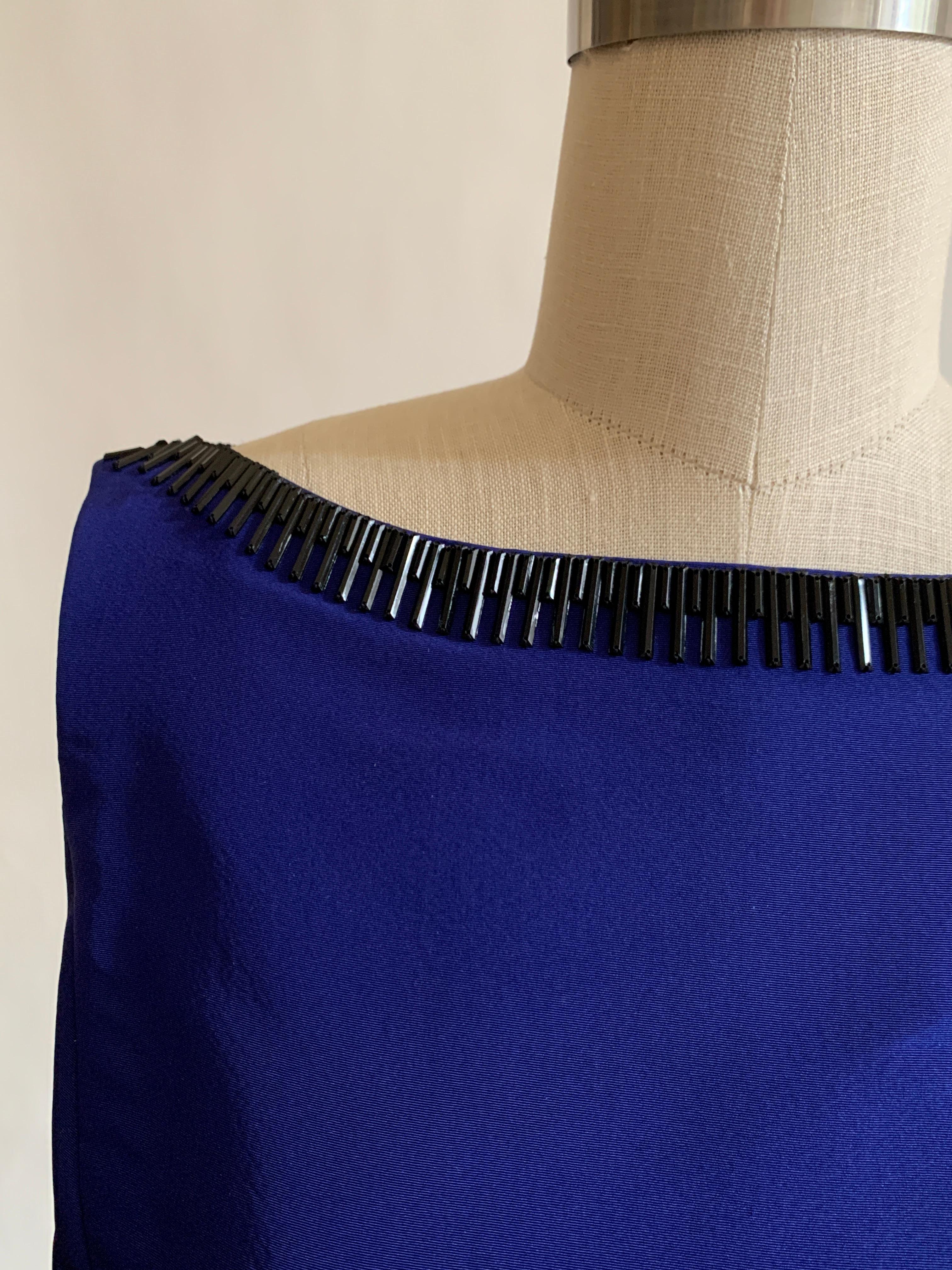 Black Oscar de la Renta Beaded Blue Silk Bubble Skirt Dress