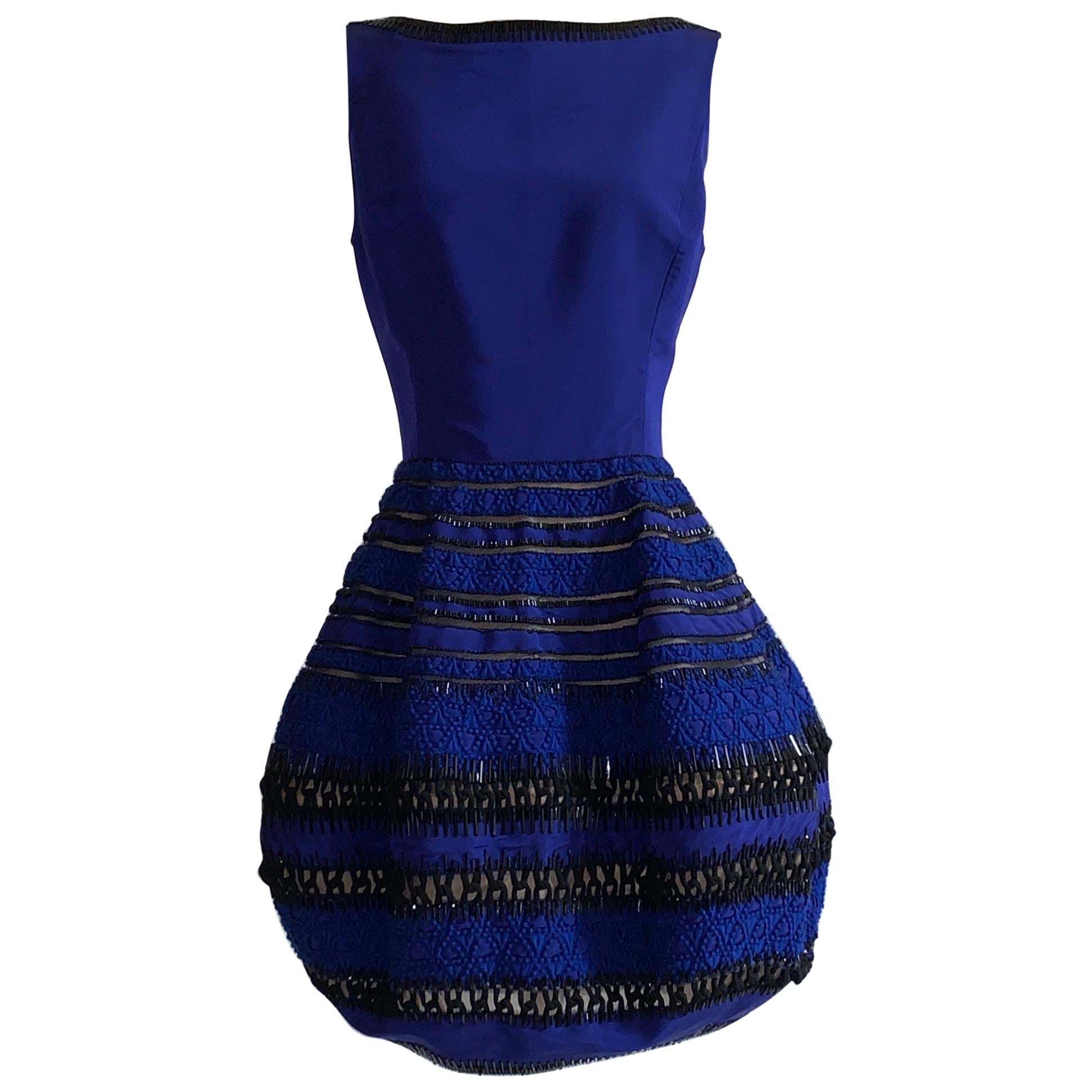 Oscar de la Renta Beaded Blue Silk Bubble Skirt Dress
