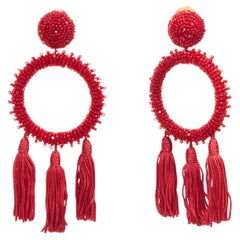 OSCAR DE LA RENTA beaded tassel fringe circle hoop dangling clip on earrings