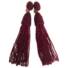 Oscar de la Renta Beaded Tassel Shoulder Duster Earrings, Garnet Red