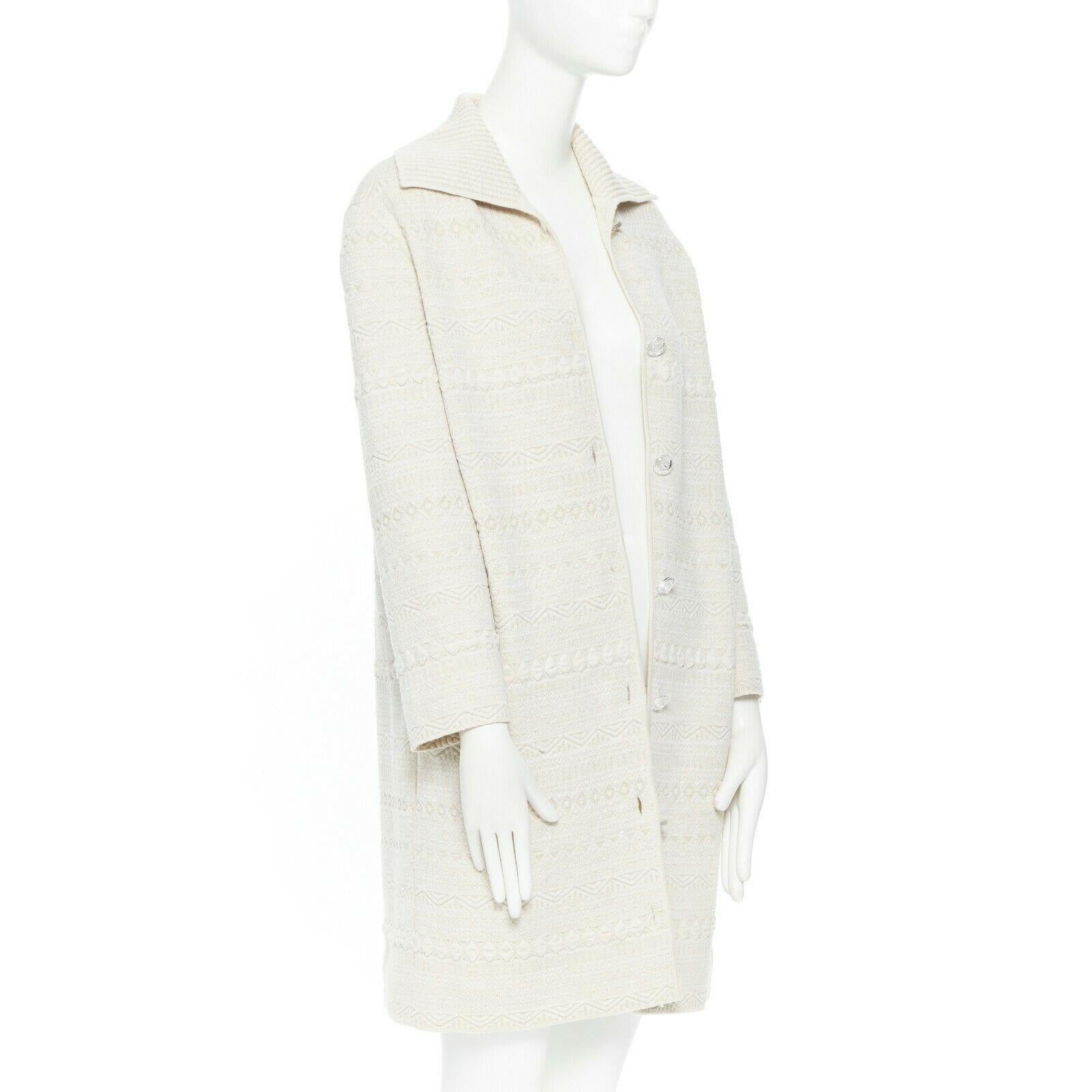 Women's OSCAR DE LA RENTA beige mixed wool quilted knit spread collar long jacket IT42 M