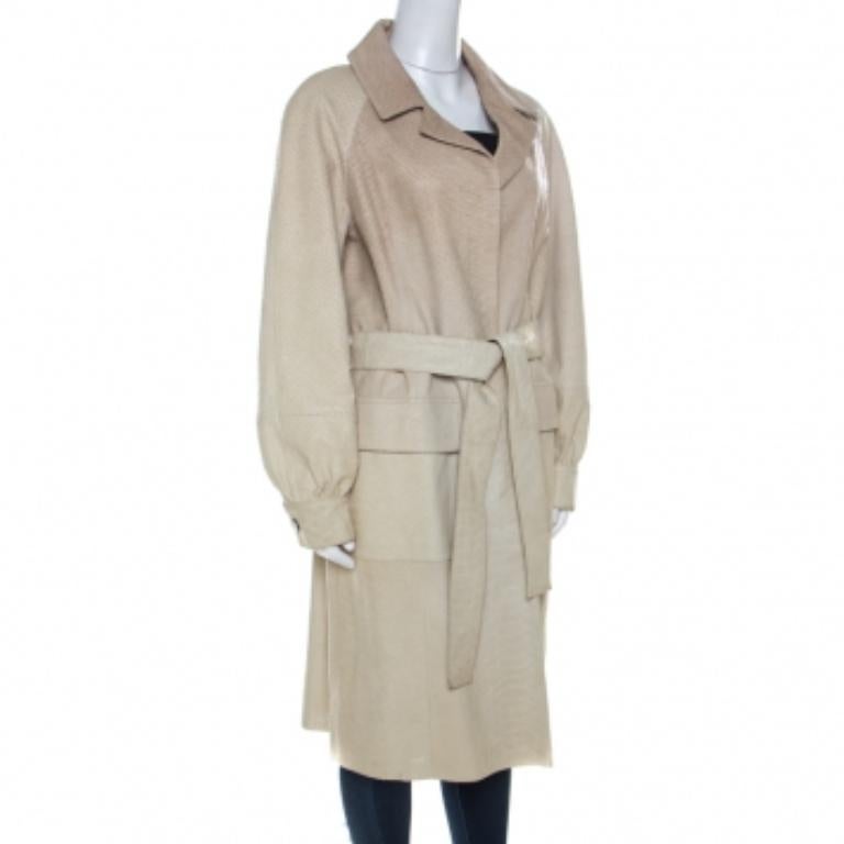 Oscar de la Renta Beige Perforated Python Embossed Leather Belted Coat L im Angebot 3