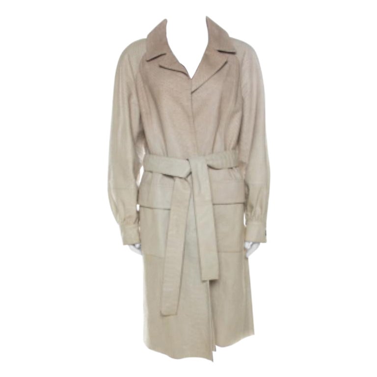 Oscar de la Renta Beige Perforated Python Embossed Leather Belted Coat L