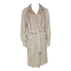 Oscar de la Renta Beige Perforated Python Embossed Leather Belted Coat L