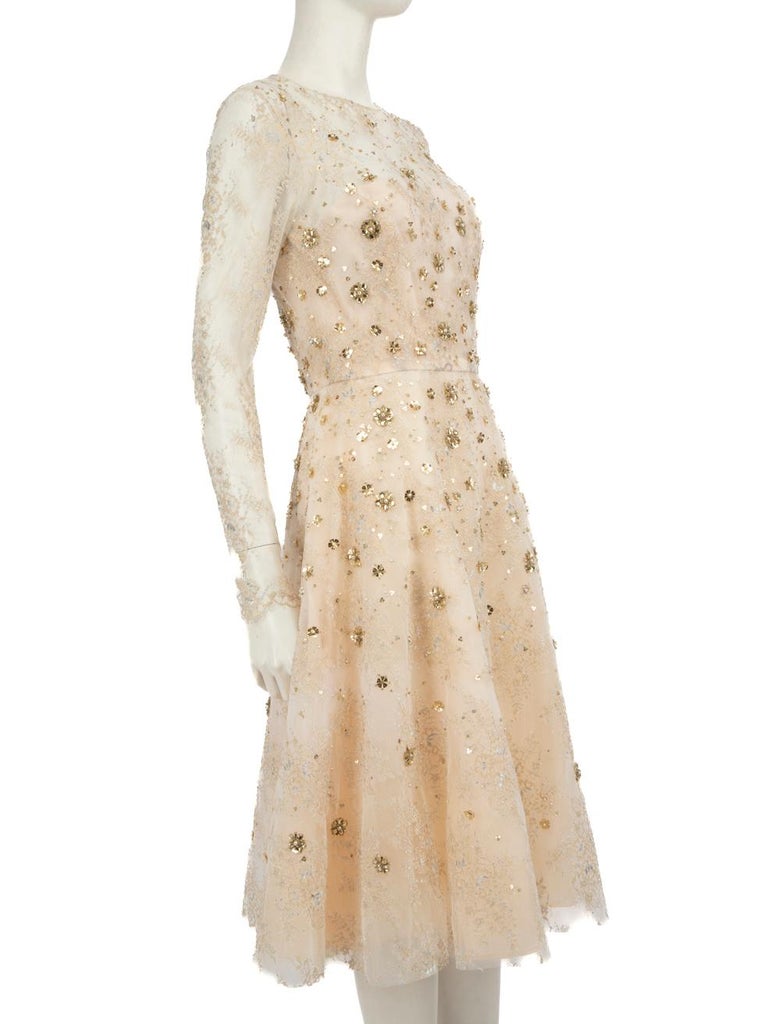 Oscar de la Renta Beige Sequin Floral Dress Size M at 1stDibs