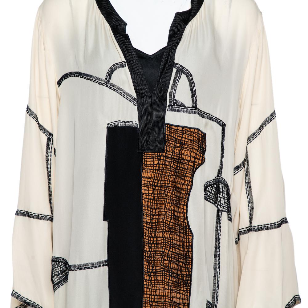Oscar de la Renta Beige Silk Embroidered Dolman Tunic XL 1