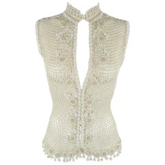 Oscar de la Renta Beige White Beaded Macrame Mesh Knit Vest