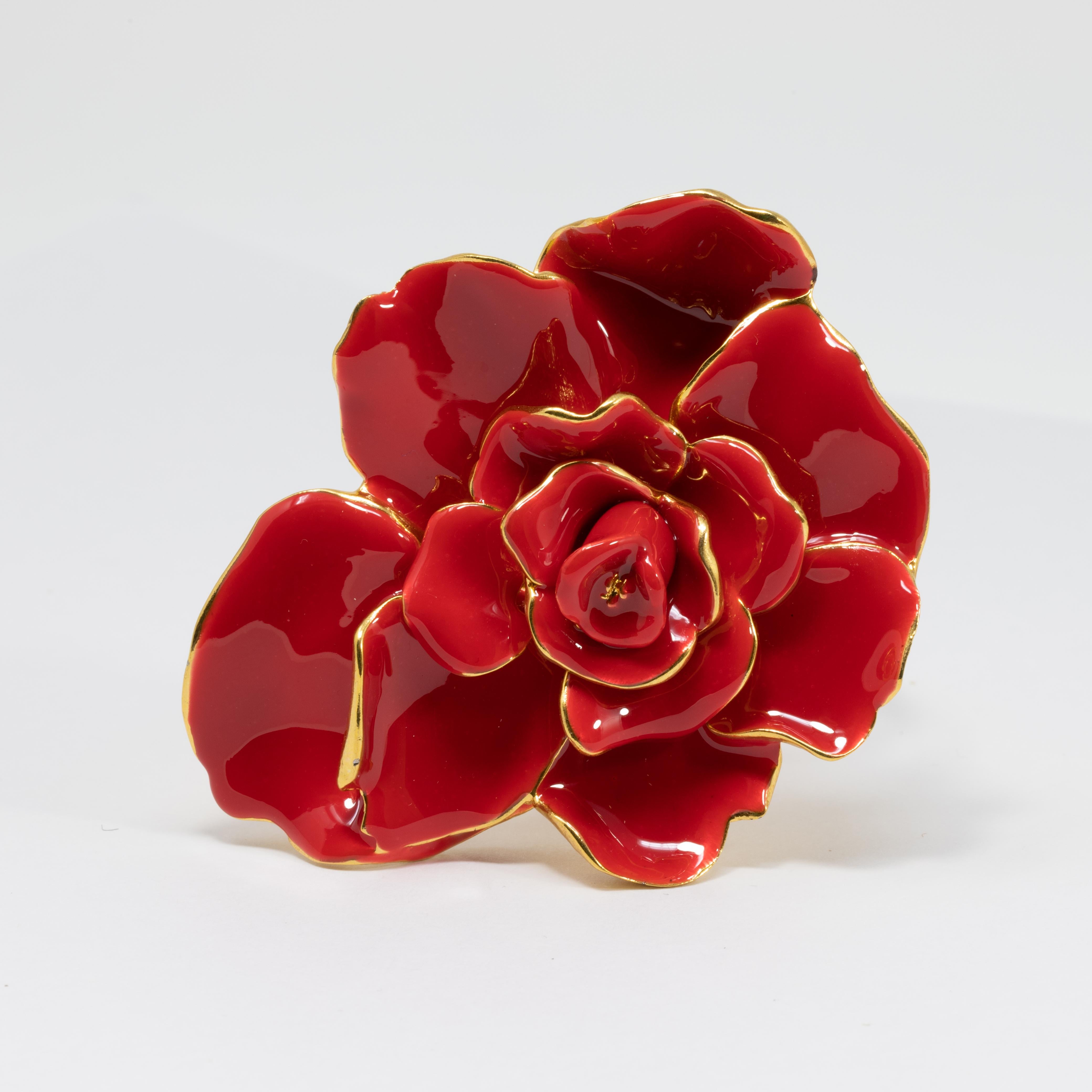 Contemporary Oscar de la Renta Big Bold Painted Red Rose Hinged Bracelet in Gold For Sale