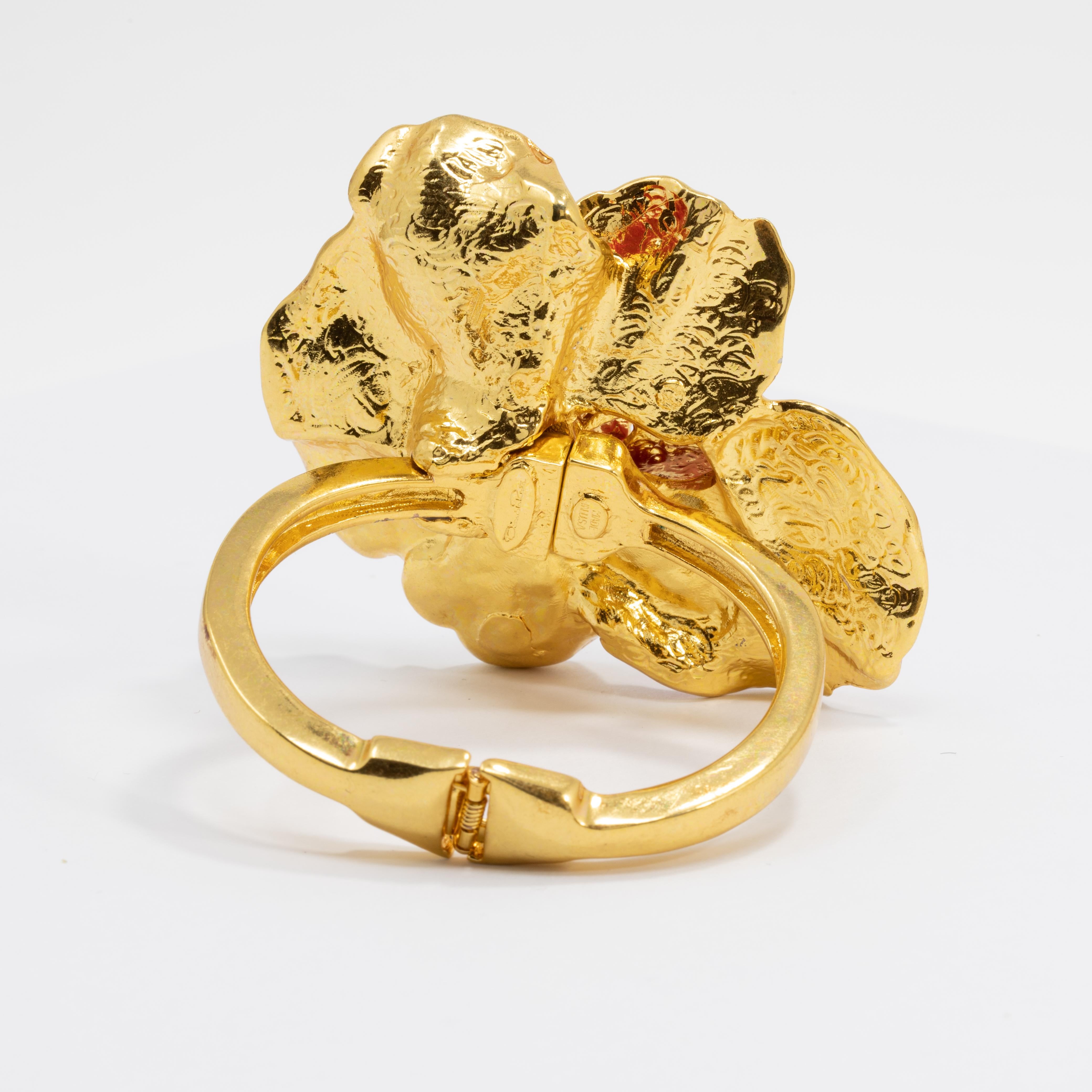 Women's or Men's Oscar de la Renta Big Bold Painted Red Rose Hinged Bracelet in Gold For Sale