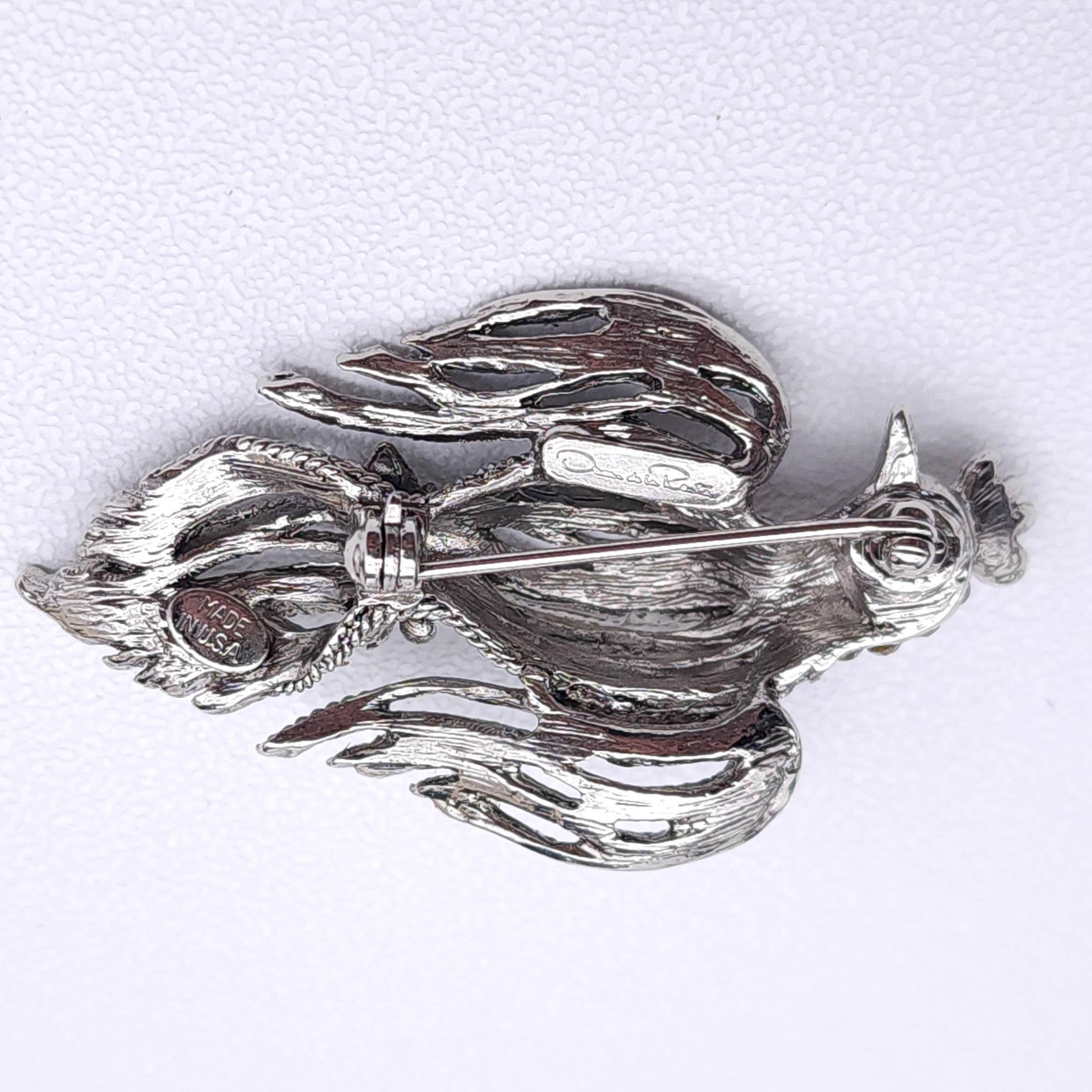 Round Cut Oscar de la Renta Bird Pin, Textured Silver Tone, Clear Crystal Accents For Sale
