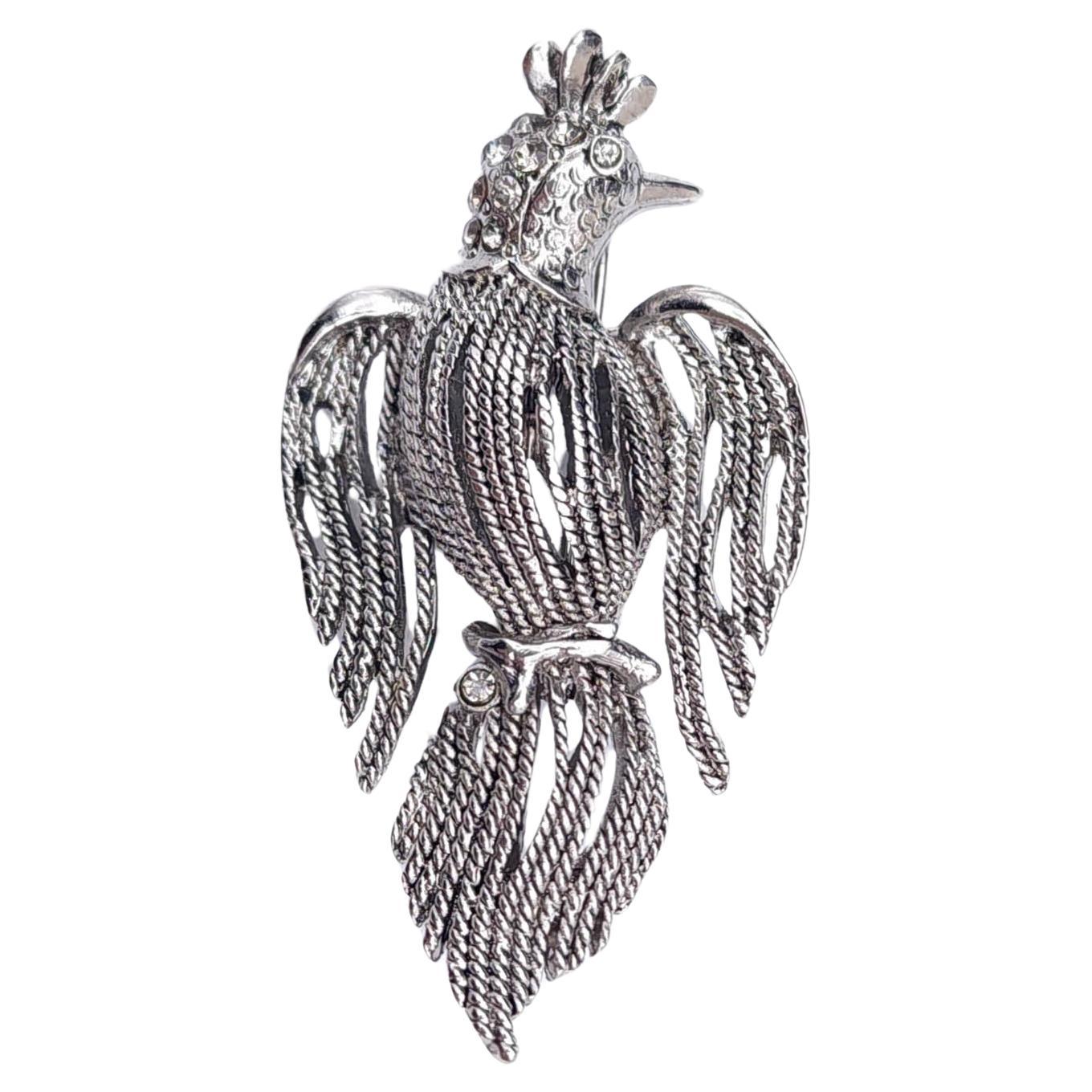 Oscar de la Renta Bird Pin, Textured Silver Tone, Clear Crystal Accents For Sale