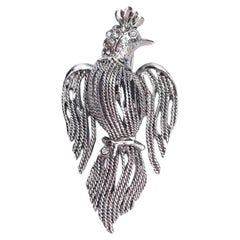 Oscar de la Renta Bird Pin, Textured Silver Tone, Clear Crystal Accents