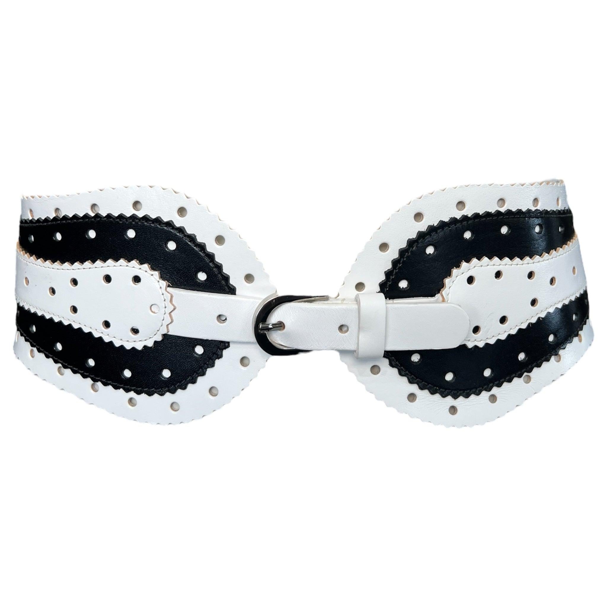 Oscar de la Renta Black and White Perforated Leather Corset Belt, 2000s For Sale