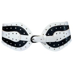 Oscar de la Renta Black and White Perforated Leather Corset Belt, 2000s