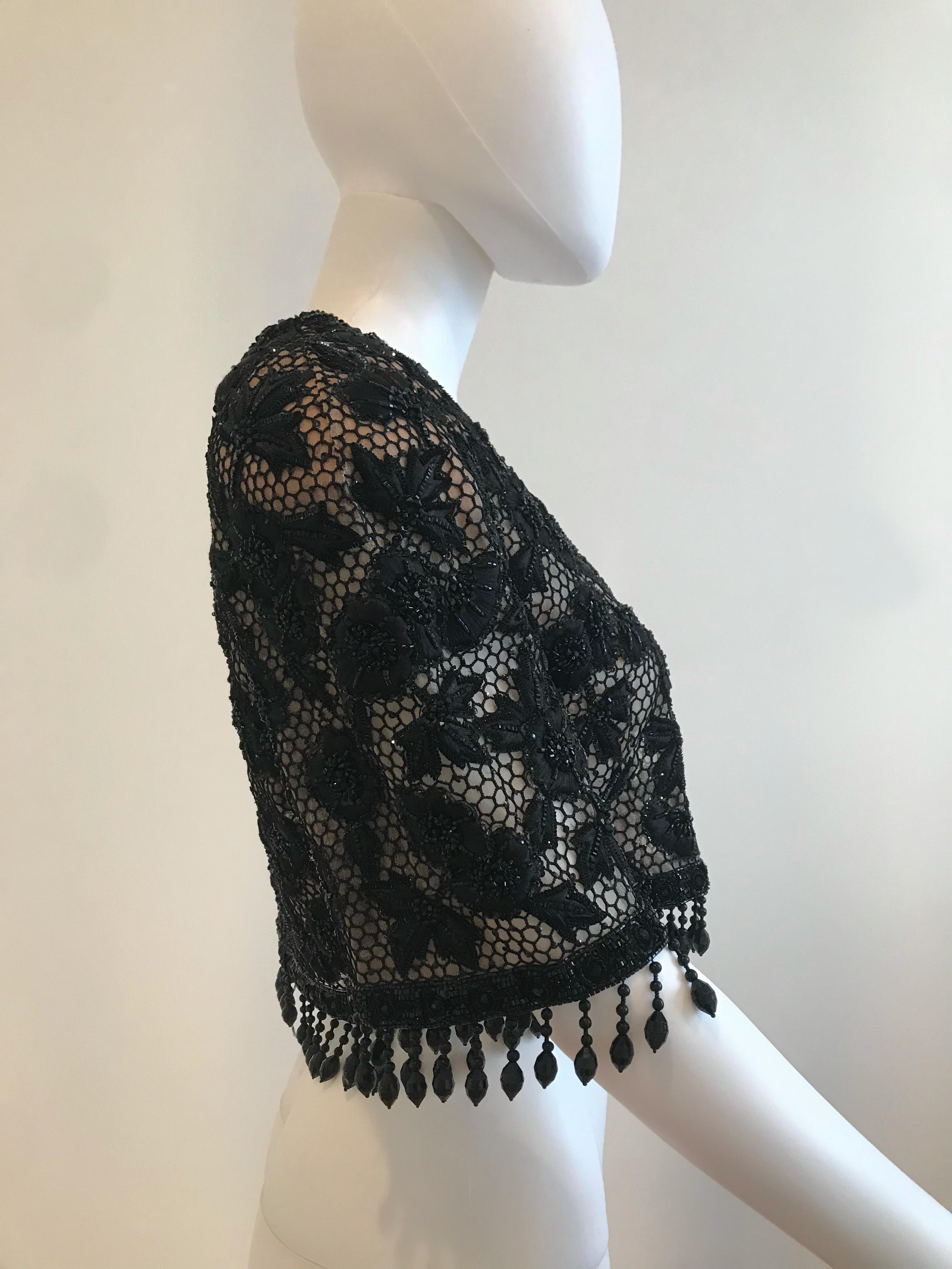 Oscar De La Renta Black Beaded and Embroidered Cropped Evening Bolero In Good Condition For Sale In Brooklyn, NY